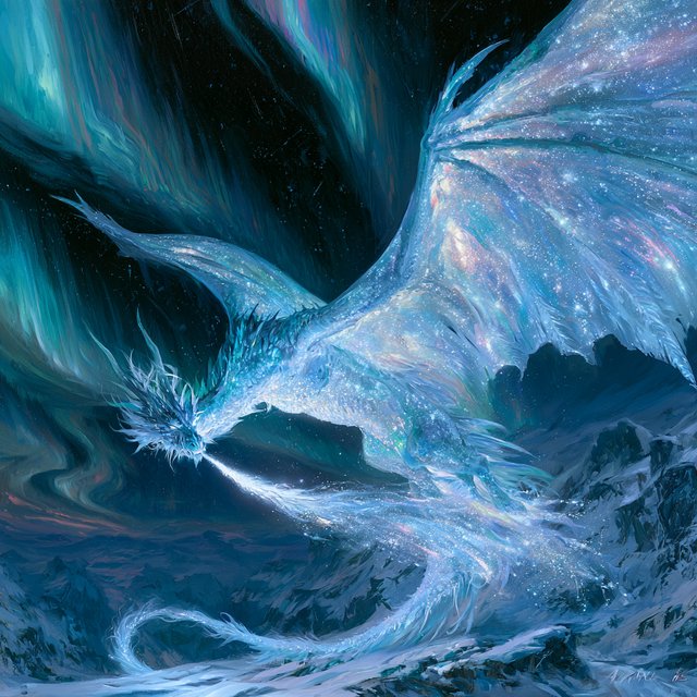 A majestic dragon made of pure starlight and frozen cosmic dust, soaring through a celestial winter landscape. Its scales shimmer with the light of a thousand galaxies, and its breath is a trail of icy comets. The background features swirling aurora borealis over a frozen, mountainous terrain. The style is a blend of painterly fantasy art and surrealism. — Midjourney V8.2
