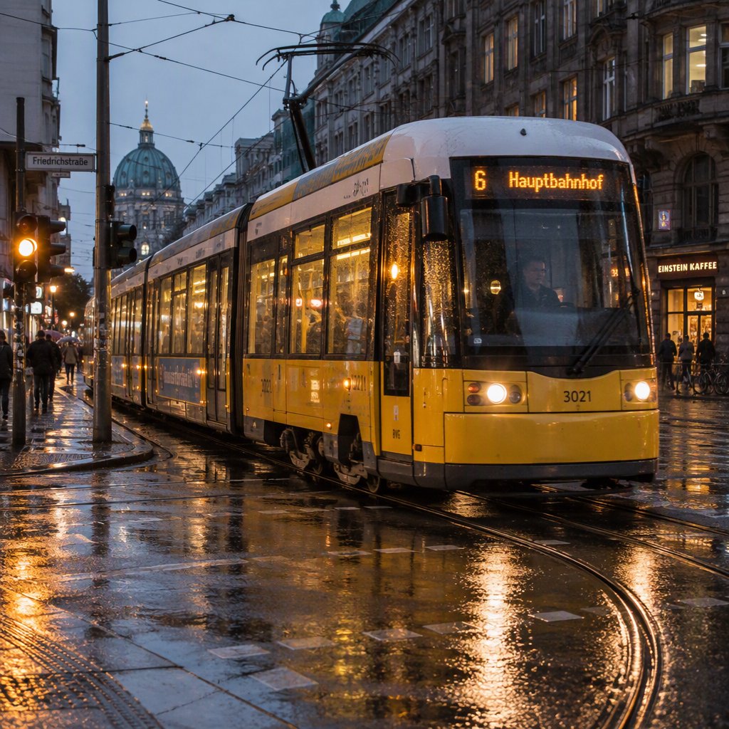 At a rain-darkened intersection, a tram grinds through a curve, its steel wheels shining beneath amber signal glow. A street-level news photo, shot on a 35mm lens with moderate depth of field, catches beads of water on the windows and slight wheel blur. — GPT Image 2.5 Sunburst