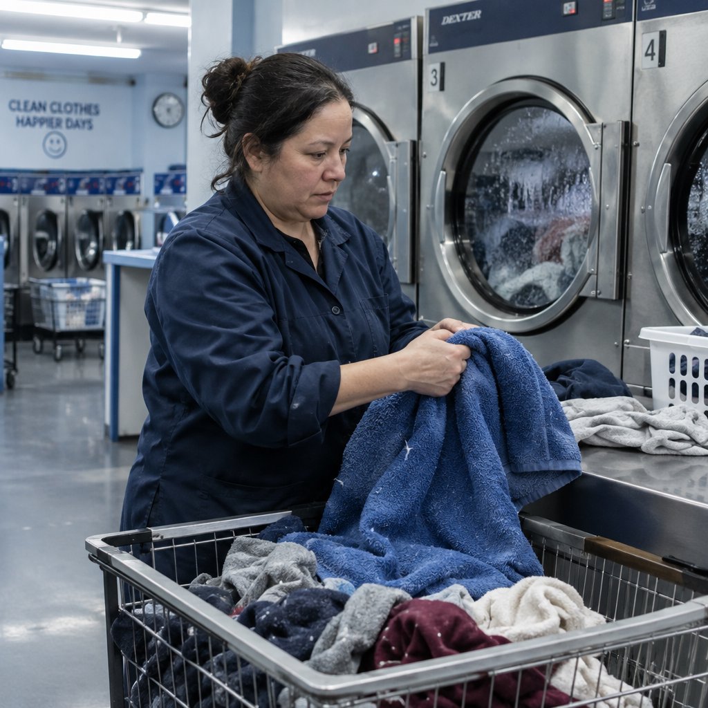 Candid documentary photograph of an adult laundromat attendant sorting warm clothes beside humming machines, cool fluorescent light, 50mm lens with moderate depth of field, loose lint clinging to a blue towel and faint condensation on the glass doors. — GPT Image 2.5 Flare