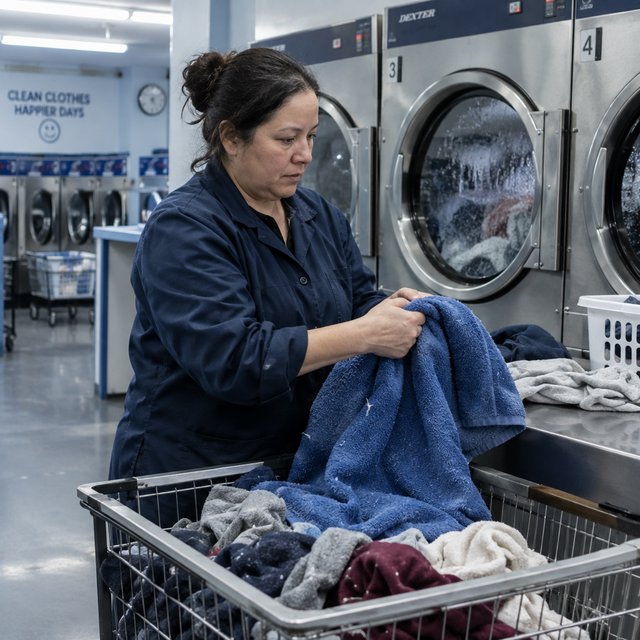 Candid documentary photograph of an adult laundromat attendant sorting warm clothes beside humming machines, cool fluorescent light, 50mm lens with moderate depth of field, loose lint clinging to a blue towel and faint condensation on the glass doors. — GPT Image 2.5 Flare
