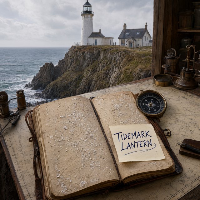 Beside a cliffside lighthouse, a salt-speckled logbook lies open on a chart table; "TIDEMARK LANTERN" is handwritten in looping dark-blue ink across a cream note tucked beneath the compass, with no other legible writing. — Qwen Image 3.0 Pro