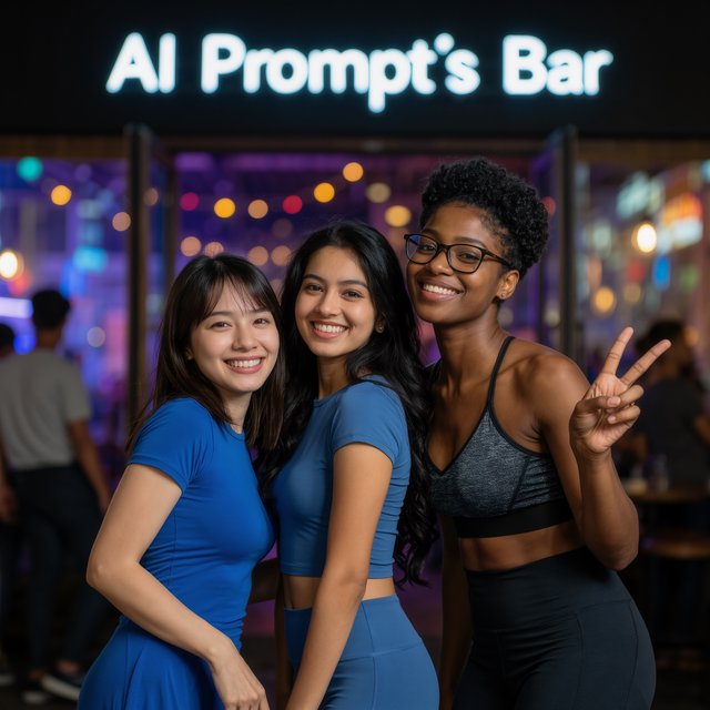 Photorealistic image, late at night. The image shows a pretty 21-year-old Japanese woman wearing a blue dress that fits her body. Next to her is a pretty 24-year-old Indian woman wearing a crop top and leggings that fit her. Another is a pretty Black woman, age 23–27, wearing gym wear and glasses. They are having a group photo in front of a bar called “AI Prompt’s Bar.” The image shows full front, back, and side views of the women. Vibe: busy friends who finally made time to hang out. — Kling v3 Omni