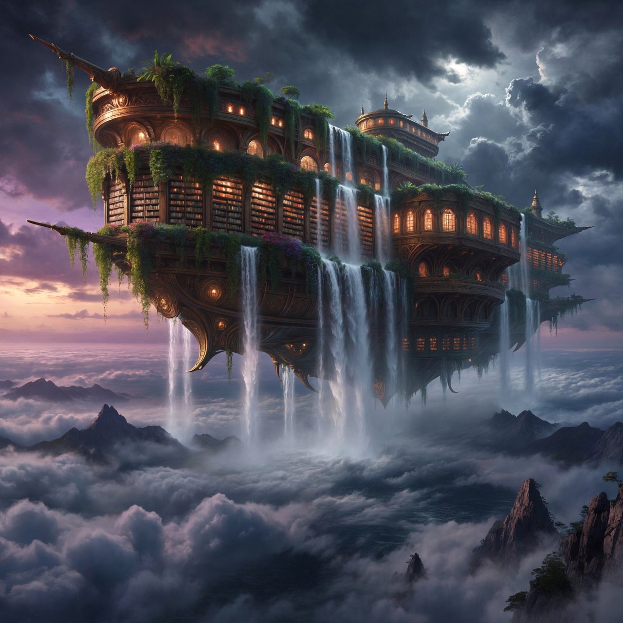 A colossal floating archive-ship drifts above storm clouds, its bronze hull wrapped in hanging gardens and luminous windows, while waterfalls spill into the sky. Distant mountain peaks pierce the cloud sea beneath a violet sunset and cold silver moonlight. — ImagineArt 2