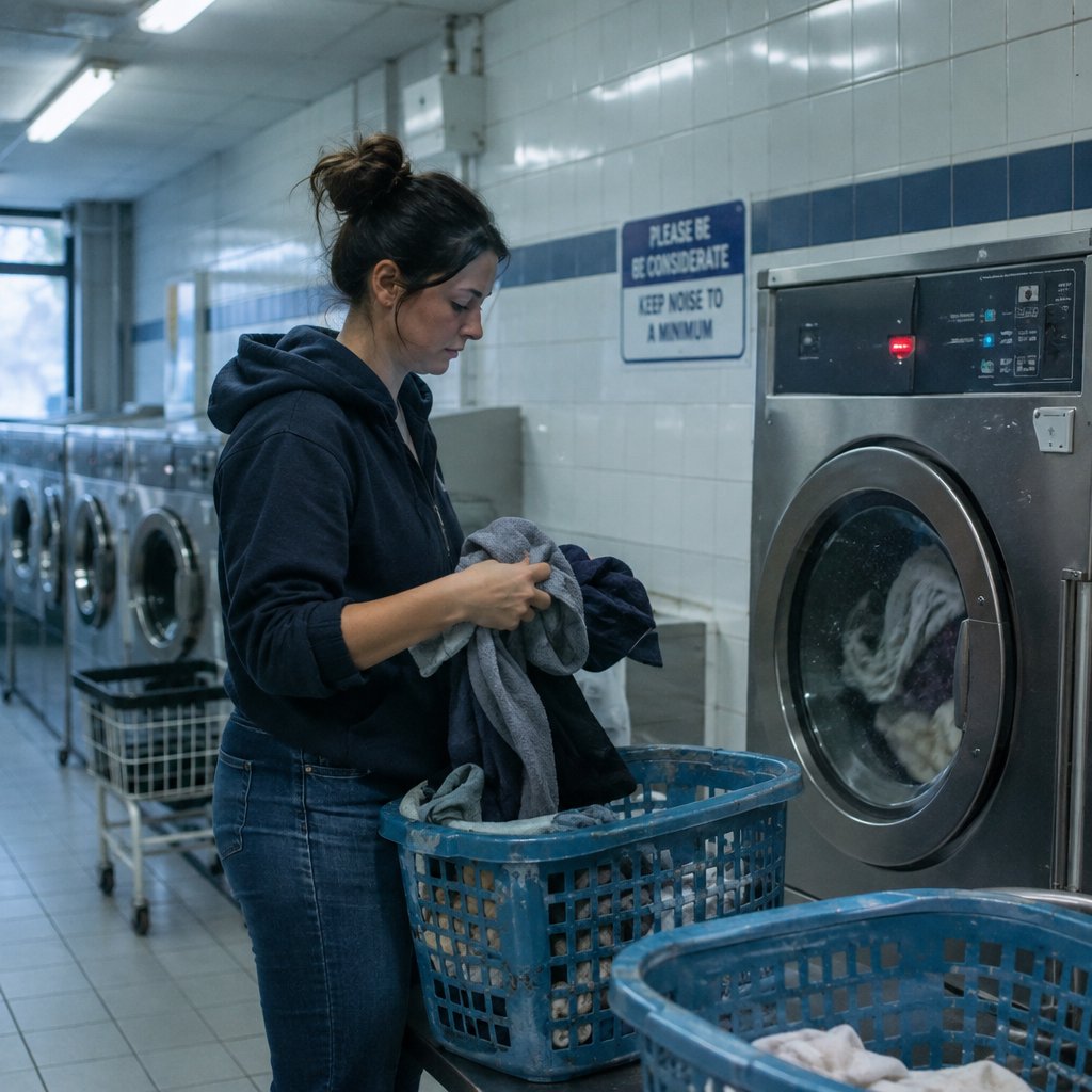 Candid documentary photograph of an adult woman sorting clothes in a self-service laundromat, cool fluorescent light, 35mm lens with moderate depth of field, loose lint suspended above a tumbling machine, worn baskets and tiled walls rendered naturally. — GPT Image 2.5 Flare