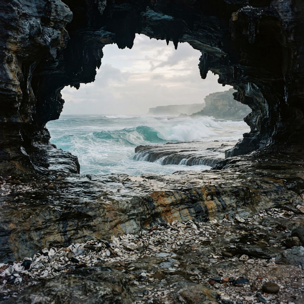 Inside a blue-grey sea cave, incoming swells curl over ribbed limestone beneath a clearing rain squall in late afternoon; wet mineral bands and shell fragments sharpen the entrance ledge, while the cavern mouth frames hazy open water. — Nano Banana 2 Lite