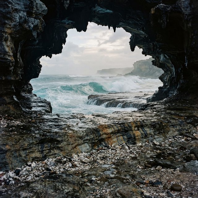 Inside a blue-grey sea cave, incoming swells curl over ribbed limestone beneath a clearing rain squall in late afternoon; wet mineral bands and shell fragments sharpen the entrance ledge, while the cavern mouth frames hazy open water. — Nano Banana 2 Lite
