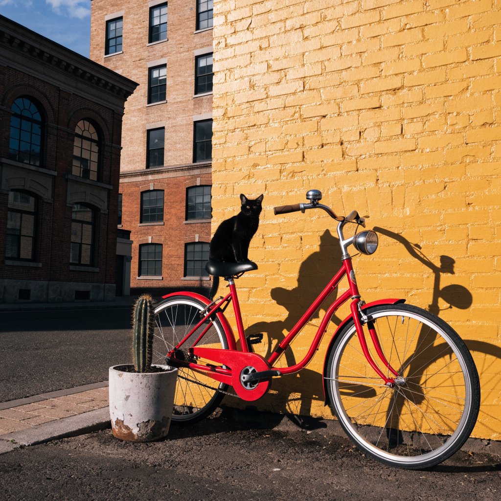 A red bicycle leaning against a yellow wall, a black cat sitting on the bicycle's saddle, a small potted cactus to the left of the bicycle. — Recraft v4
