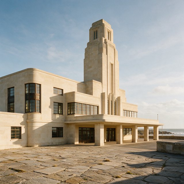 Exterior of a coastal Art Deco ferry terminal, cream limestone, dark bronze window frames, stepped geometric tower and sheltered arcade, late-morning sunlight casting sharp shadows, viewed from across a windswept stone forecourt, realistic architectural photography with precise lines and plausible structure. — Seedream 5.0 Pro