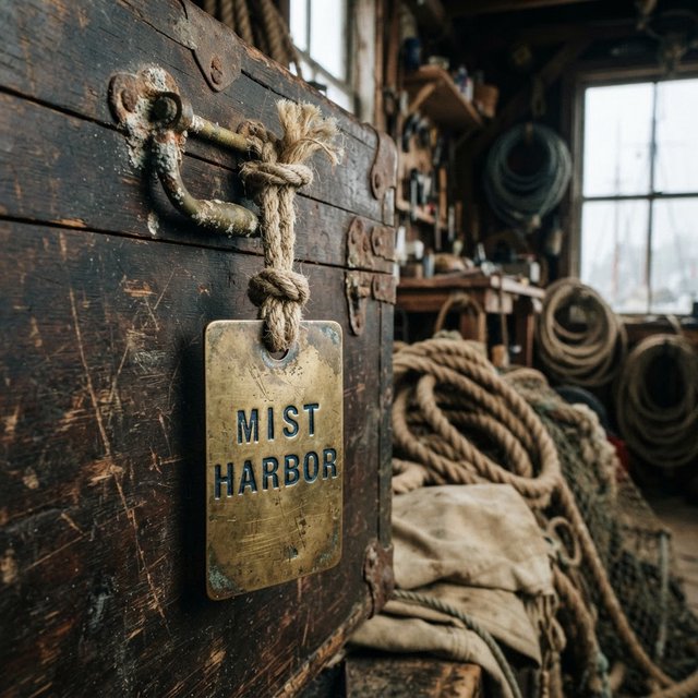 A brass luggage tag hangs from a weathered sea chest in a harbor loft, its face bearing “MIST HARBOR” in deeply stamped blue capitals; ropes and salt-crusted fittings surround it, with no other writing visible. — Nano Banana 2 Lite