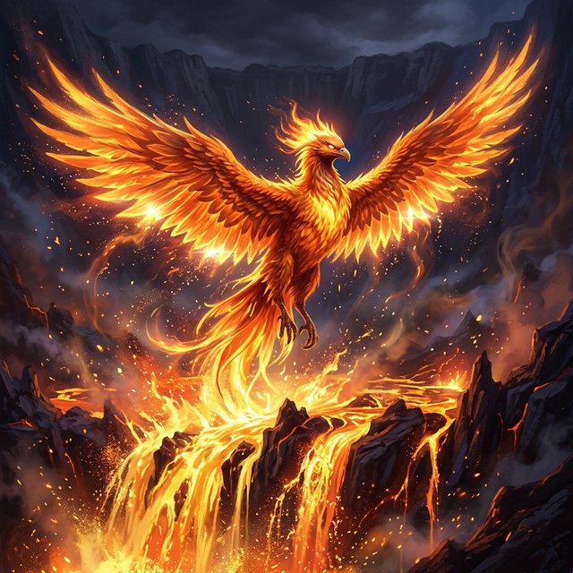A majestic phoenix rising from a cascade of molten gold and shimmering embers against a backdrop of a dark, volcanic caldera. Its feathers are ablaze with brilliant oranges, reds, and fiery yellows. The air around it crackles with heat and energy. Style: Epic fantasy art with dynamic composition and vibrant color contrast — Nano Banana 2.1