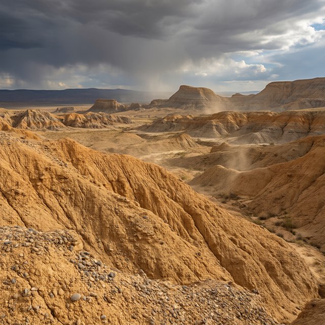 Wind-driven dust devils spiral across ochre badlands beneath a storm-clearing late-afternoon sky; pebble-studded clay ridges and tiny erosion grooves sharpen nearby, while layered mesas recede through veils of rain. — Qwen Image 3.0