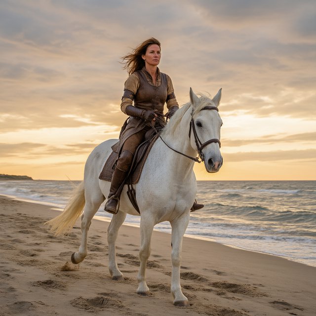 An adult female warrior on her white steed galloping along a fine-sand beach at sunset. — Qwen Image 3.0