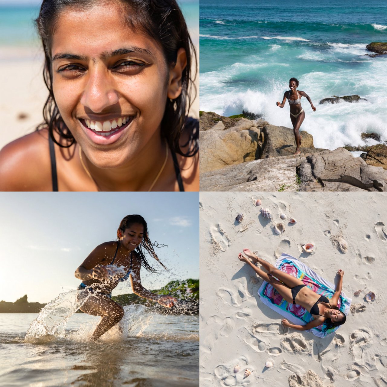 Photorealistic collage of at least four distinct beach scenes showing adult women from around the world having fun, with each scene presented from a different camera angle. — ImagineArt 2
