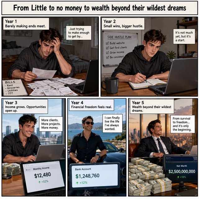 Realistic comic. At least 4 panels. It showcases 5 years of someone's life, from the first year, when they struggled to make money, to the fifth year, when they are worth millions to billions of dollars. Make sure money is seen at least once in the image. At the top, it says "From Little to no money to wealth beyond their wildest dreams". — GPT Image 2.5 Flare
