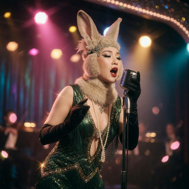 Anthropomorphic rabbit-human hybrid. No human ears visible; the areas where ears would normally be are covered by rabbit fur. A pulchritudinous East Asian 32-year-old wearing a luxurious flapper dress with a deep V split down the center, standing on stage behind a luxurious retro microphone, singing her heart out into it. Taken with a professional DSLR camera and a 35mm lens. Background bokeh, stage lights with a bloom effect. — Grok Imagine Image Quality