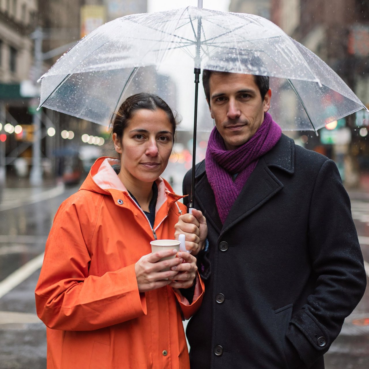 A man with a purple scarf holding a transparent umbrella, standing to the right of a woman in an orange raincoat who holds a paper cup, both facing the camera. — ImagineArt 2