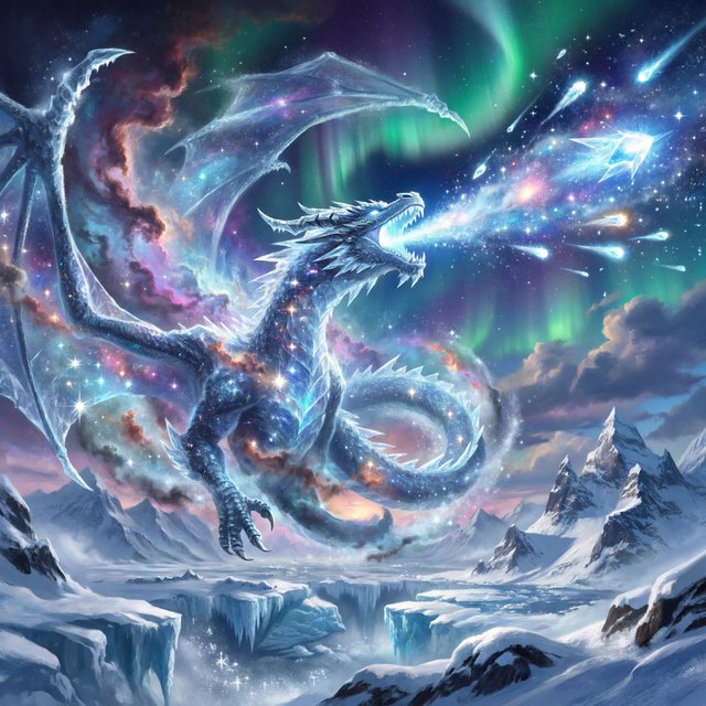 A majestic dragon made of pure starlight and frozen cosmic dust, soaring through a celestial winter landscape. Its scales shimmer with the light of a thousand galaxies, and its breath is a trail of icy comets. The background features swirling aurora borealis over a frozen, mountainous terrain. The style is a blend of painterly fantasy art and surrealism. — ImagineArt 2