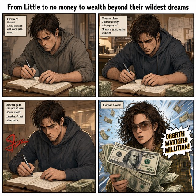 Realistic comic. At least 4 panels. It showcases 5 years of someone's life, from the first year, when they struggled to make money, to the fifth year, when they are worth millions to billions of dollars. Make sure money is seen at least once in the image. At the top, it says "From Little to no money to wealth beyond their wildest dreams". — Qwen Image 3.0