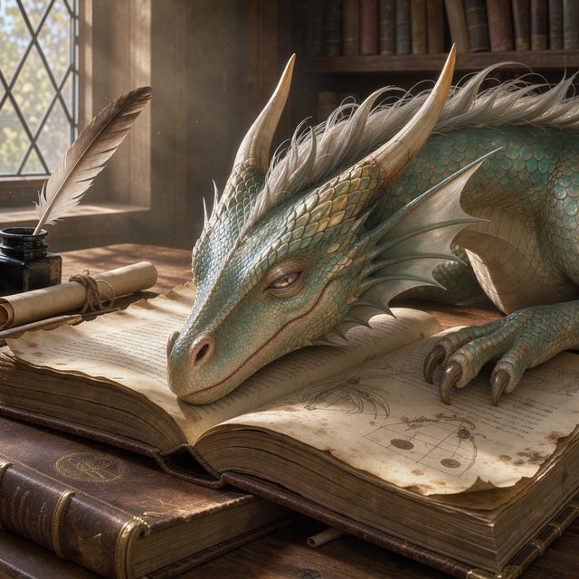 A mystical dragon's head, slender and dreamy, rests upon the yellowed pages of an ancient tome, the cover worn and mysterious, as soft warm light pours in through a nearby window, casting a serene ambiance, the air thick with the scent of old parchment and forgotten knowledge. — FLUX 3 Image