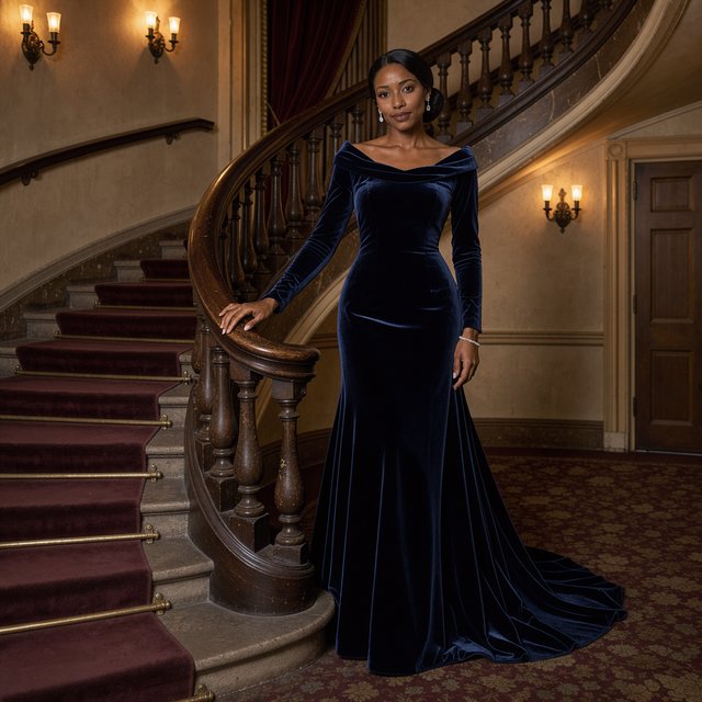 Editorial glamour photograph of an adult woman in a midnight-blue velvet evening gown, standing naturally beside a curved staircase in an old theatre, warm flattering sconce light, relaxed shoulders, poised expression, refined cinematic elegance. — FLUX 3 Image