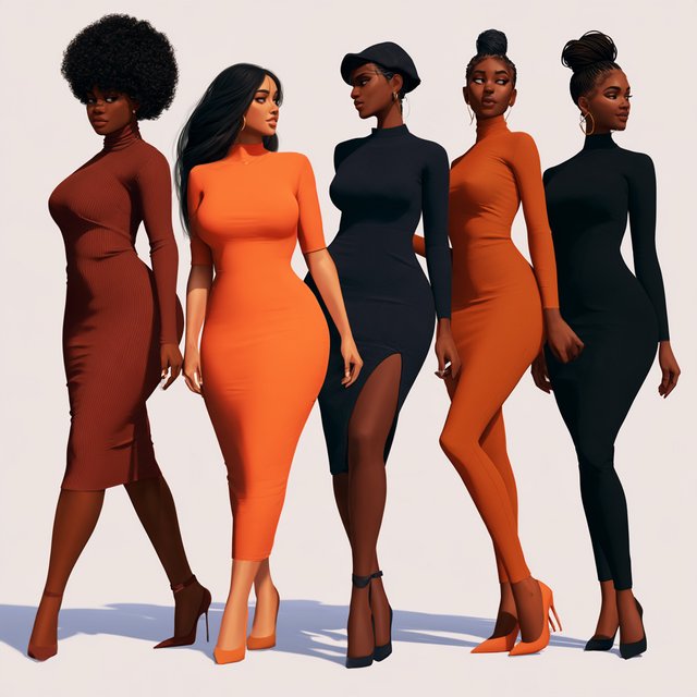 Realistic image of four women standing near each other. All are wearing fitted outfits. All are slim but still curvy Black women. Each woman has a unique, pretty face, and they all look different from one another. Full-body image. Plain background. — Model 11