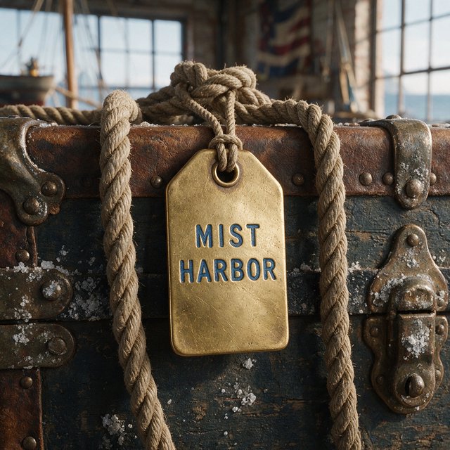 A brass luggage tag hangs from a weathered sea chest in a harbor loft, its face bearing “MIST HARBOR” in deeply stamped blue capitals; ropes and salt-crusted fittings surround it, with no other writing visible. — Seedream 5.0 Pro