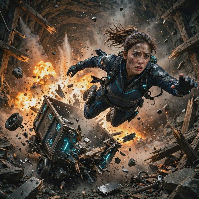 Collapsing mine, woman in a futuristic outfit, in a runaway mine cart. The cart is moving towards the foreground. Behind her cart, there was a huge explosion in the mine. The impact of the explosion is so great that it has knocked the cart off the tracks and sent the rider flying. Angle the empty cart, which is in the process of shattering, close to the woman. Focus the image on the female rider who has flown off the cart. Ensure her features are photorealistic. Make the scene photorealistic, explosive, and exciting as if it is from an action-packed movie. — Muse Image 1.0