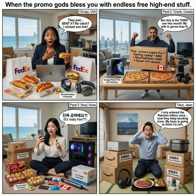Realistic. Adults in the U.S., Canada, and Asia getting a ton of expensive free stuff (phones, PCs, nice food, and all kinds of other things). 4–6 panels. The adults react in the way one would expect as a result. — Grok Imagine Image Quality