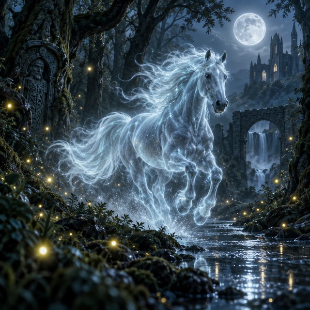 A majestic horse with a spectral mane and tail gallops through an enchanted, moonlit forest. Glimmering fireflies illuminate the path, casting an ethereal glow on ancient trees. The horse appears translucent, as if it's a phantom from another realm. The style is digital art, with surrealism and cinematic lighting to enhance the mysterious atmosphere — GPT Image 2.5 Sunburst