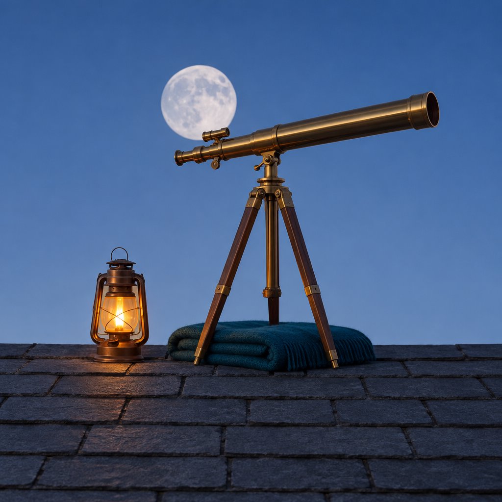 On a slate rooftop, exactly one brass telescope points east; one amber lantern sits to its left, one folded teal blanket lies beneath the tripod, and one pale moon hangs behind it in the clear sky, nothing else. — GPT Image 2.5 Sunburst