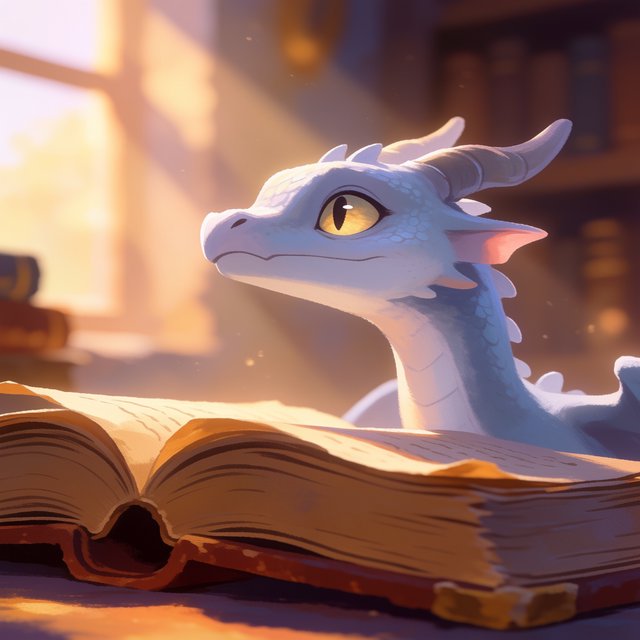 A mystical dragon's head, slender and dreamy, rests upon the yellowed pages of an ancient tome, the cover worn and mysterious, as soft warm light pours in through a nearby window, casting a serene ambiance, the air thick with the scent of old parchment and forgotten knowledge. — Krea 2 Medium