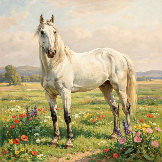 a regal white horse with a flowing mane, standing in a sun-dappled meadow filled with vibrant wildflowers. Gentle light illuminates the scene, highlighting the horse's powerful physique and the delicate details of the flowers. The style is reminiscent of Romantic era landscape paintings with a soft, impressionistic touch. — Ideogram v4.5