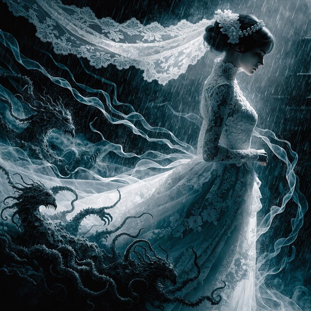 Baroque-style digital dark fantasy and cinematic Gothic horror; painterly realism, chiaroscuro à la Caravaggio; cool color palette of blues and turquoises, deep black shadows; swirling magical smoke, dynamic diagonal composition; intricate lace fabrics, detailed skin and creature textures; volumetric lighting, elegant, fluid movement; fantasy book cover illustration; dramatic storytelling, atmospheric depth. Gothic bride — Recraft v4 Pro
