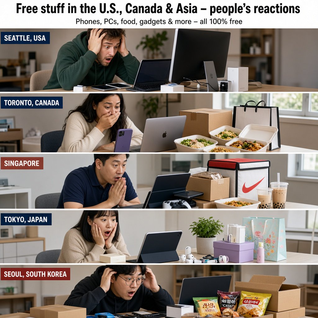 Realistic. Adults in the U.S., Canada, and Asia getting a ton of expensive free stuff (phones, PCs, nice food, and all kinds of other things). 4–6 panels. The adults react in the way one would expect as a result. — Grok Imagine Image 2