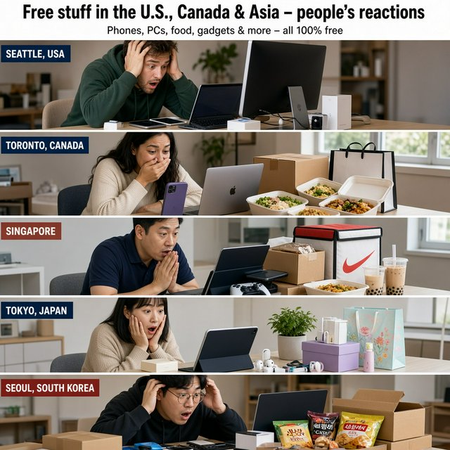 Realistic. Adults in the U.S., Canada, and Asia getting a ton of expensive free stuff (phones, PCs, nice food, and all kinds of other things). 4–6 panels. The adults react in the way one would expect as a result. — Grok Imagine Image 2