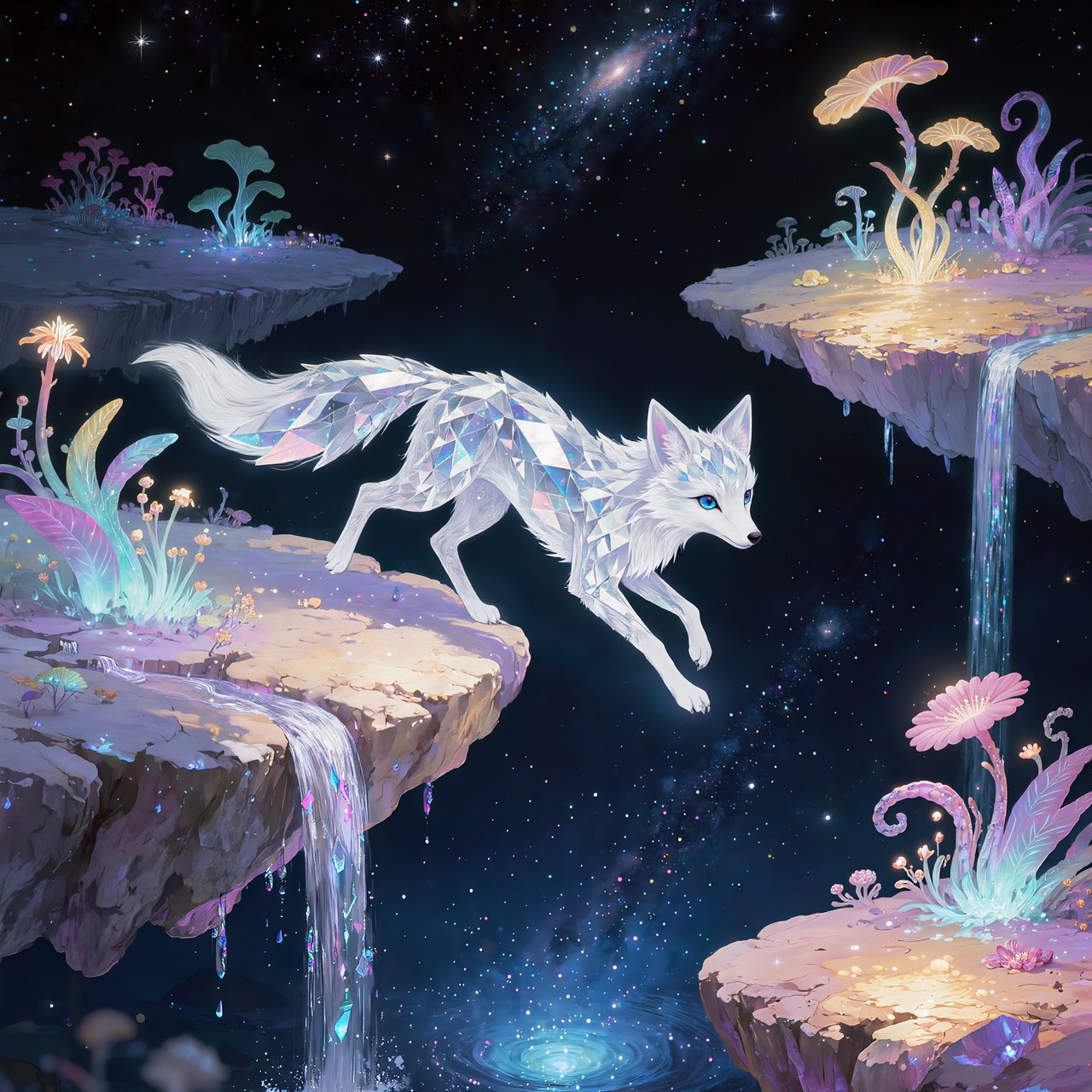 An ethereal fox with crystalline fur navigates a landscape of floating islands. Waterfalls cascade into the starry abyss below, and strange, alien flora sprouts from glowing rocks. This is a magical realism painting, infused with the wonder of distant galaxies. — Kling v3