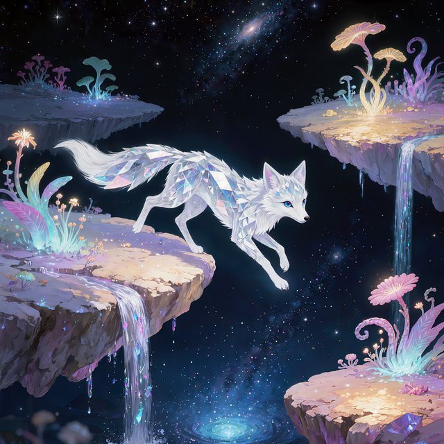 An ethereal fox with crystalline fur navigates a landscape of floating islands. Waterfalls cascade into the starry abyss below, and strange, alien flora sprouts from glowing rocks. This is a magical realism painting, infused with the wonder of distant galaxies. — Kling v3