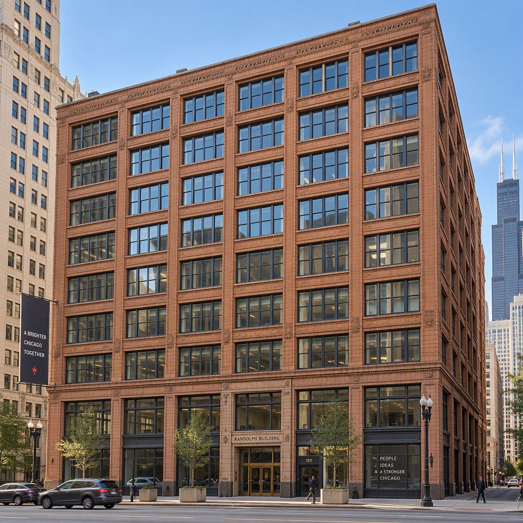 Exterior of a Chicago School office tower, with a visible steel-frame grid, warm terra-cotta cladding, broad rectangular windows, and a flat roofline; clear afternoon light, viewed from across a city street, with precise verticals and believable construction. — GPT Image 2.5 Sunburst