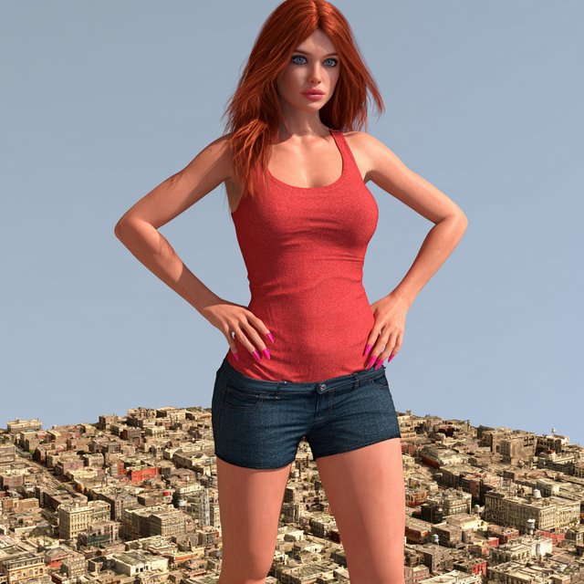 A beautiful adult woman with red hair, pale skin, and blue eyes. She has a slim but curvy body, a very large bust, and thick thighs. She has long pink manicured nails and is wearing a red low-cut singlet and tight denim shorts, along with light makeup. She is standing in a large empty space. A realistic-looking miniature city covers the whole floor, and the woman is standing in the middle of it with her hands on her hips, looking at the viewer. — Midjourney V8.2
