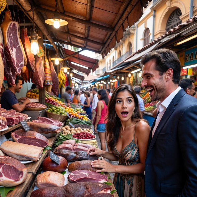 Glamorous adult couple browsing an exotic meat market. The woman has a look of pure surprise at what is on sale. The man just laughs at her reaction! The market is busy and well lit. — ImagineArt 1.5 Pro