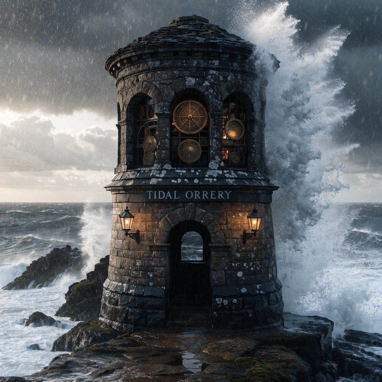 A weathered coastal observatory overlooks dark water, its brass instruments visible through arched windows; "TIDAL ORRERY" is carved into a slate lintel above the entrance, salt spray softening the deep engraved grooves. — Recraft v4 Pro
