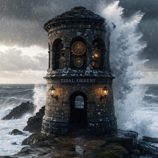 A weathered coastal observatory overlooks dark water, its brass instruments visible through arched windows; "TIDAL ORRERY" is carved into a slate lintel above the entrance, salt spray softening the deep engraved grooves. — Recraft v4 Pro