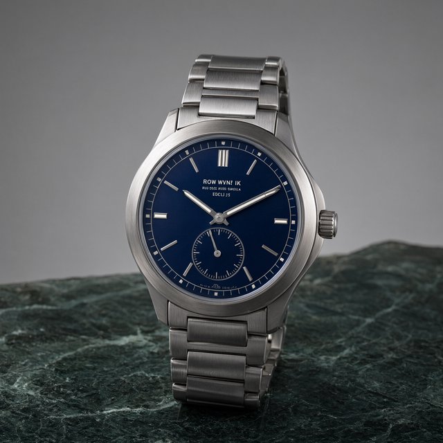 Commercial product photograph of an unbranded mechanical wristwatch with a brushed titanium case and deep blue enamel dial, resting on dark green marble against a soft gray background, illuminated by a large diffused softbox and narrow edge light. — Qwen Image 3.0 Pro