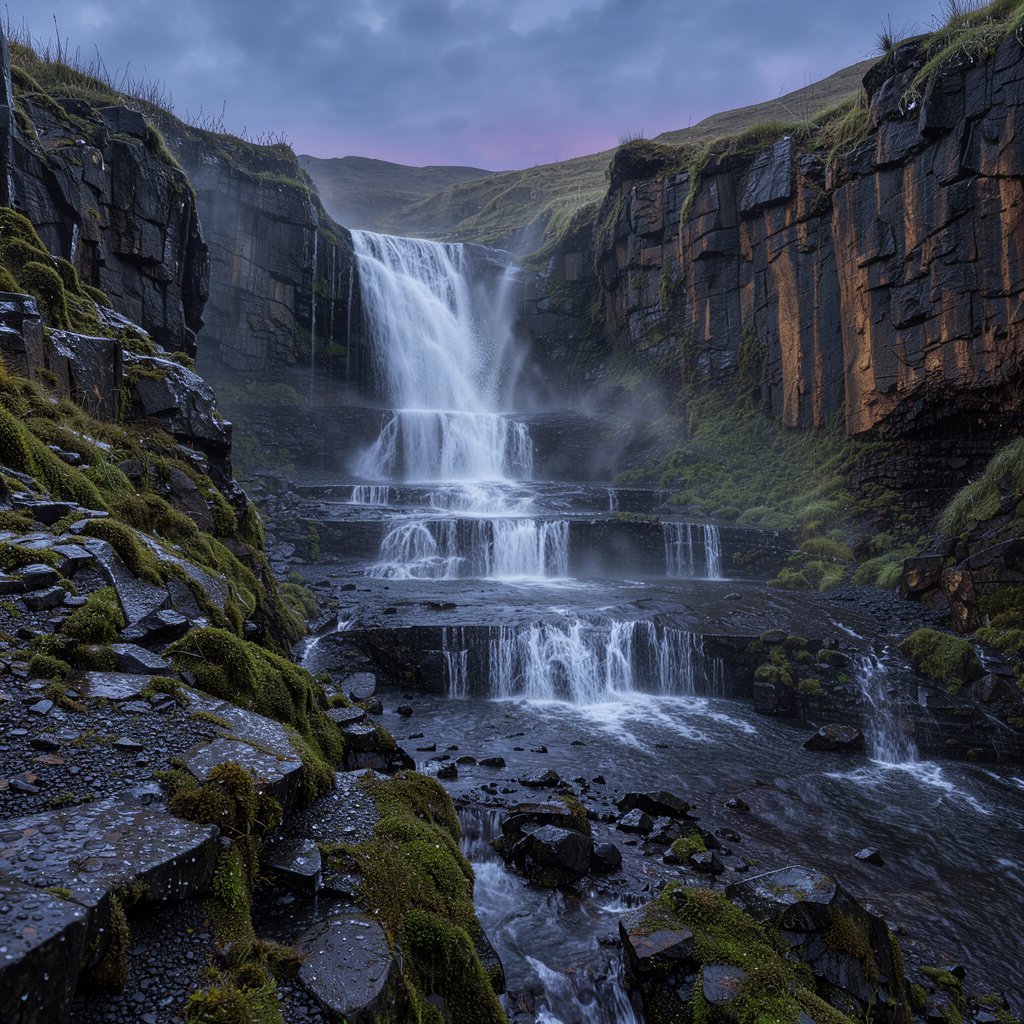 After a passing squall, a waterfall drops through a narrow basalt gorge at dusk, its white plume breaking against dark ledges; rain-beaded moss and sharp foreground stones lead toward cliffs fading behind drifting spray. — FLUX 3 Image Klein