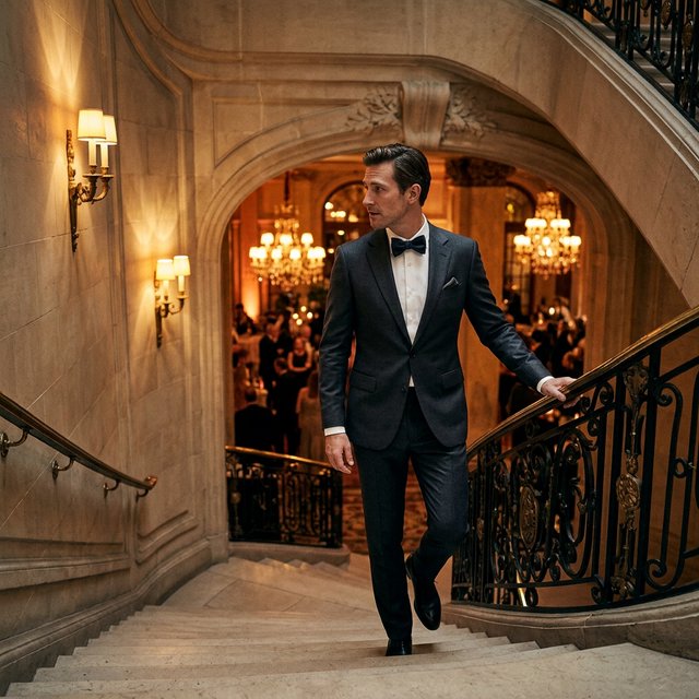 A tall adult man in a charcoal evening suit pauses halfway down a sweeping hotel staircase, caught glancing toward the ballroom as amber sconces cast sculpted light across stone; crisp tailoring and composed fashion-magazine polish. — Model 15