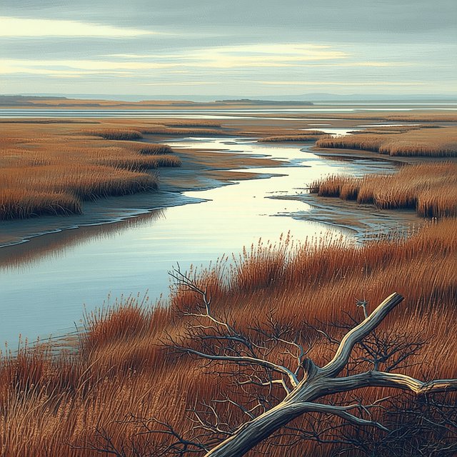 An expansive salt marsh at low tide under a pale overcast afternoon, winding channels reflecting silver sky between russet grasses, a weathered driftwood branch in the foreground, distant reeds and receding mud ridges revealing layered depth and wet natural texture. — Midjourney Niji 7