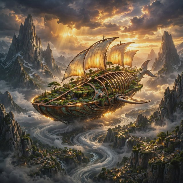 A vast, whale-shaped sky barge sails between mountain spires, its copper ribs supporting gardens and glowing sailcloth. Below, cloud rivers curl around tiny cliff villages as sunset pours through storm breaks, outlining the vessel in molten gold. — Muse Image 1.0