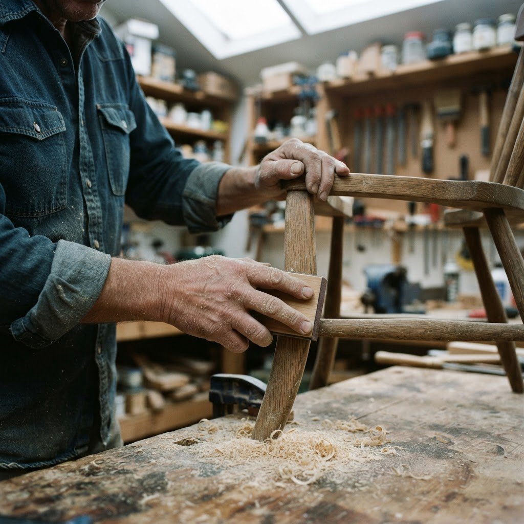 Fine curls gather beneath adult hands sanding the edge of a wooden chair in a quiet repair shed. A real-world workshop snapshot in cool skylight, using a normal lens at shallow depth of field, catches pale sawdust clinging to the knuckles. — Nano Banana 2 Lite