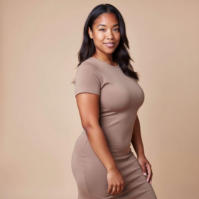 A pretty mixed-race woman of Korean, White, and Black heritage, curvy, full-body image, plain background. — ImagineArt 2