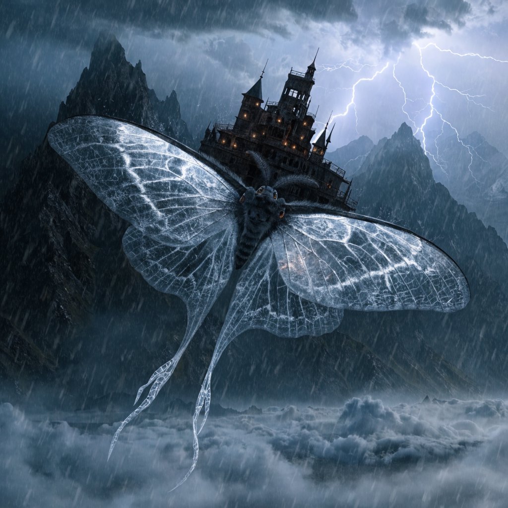 A colossal moon-moth creature glides above a stormy mountain range, its translucent wings glowing with silver veins and carrying a ruined observatory on its back. Lightning silhouettes distant peaks while amber lanterns shimmer through rain and cloud. — Recraft v4